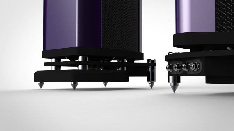 The Wilson Benesch A.C.T. 3zero Loudspeaker finished in Belladonna Purple - Detail showing the Isobaric Drive System in the Foot