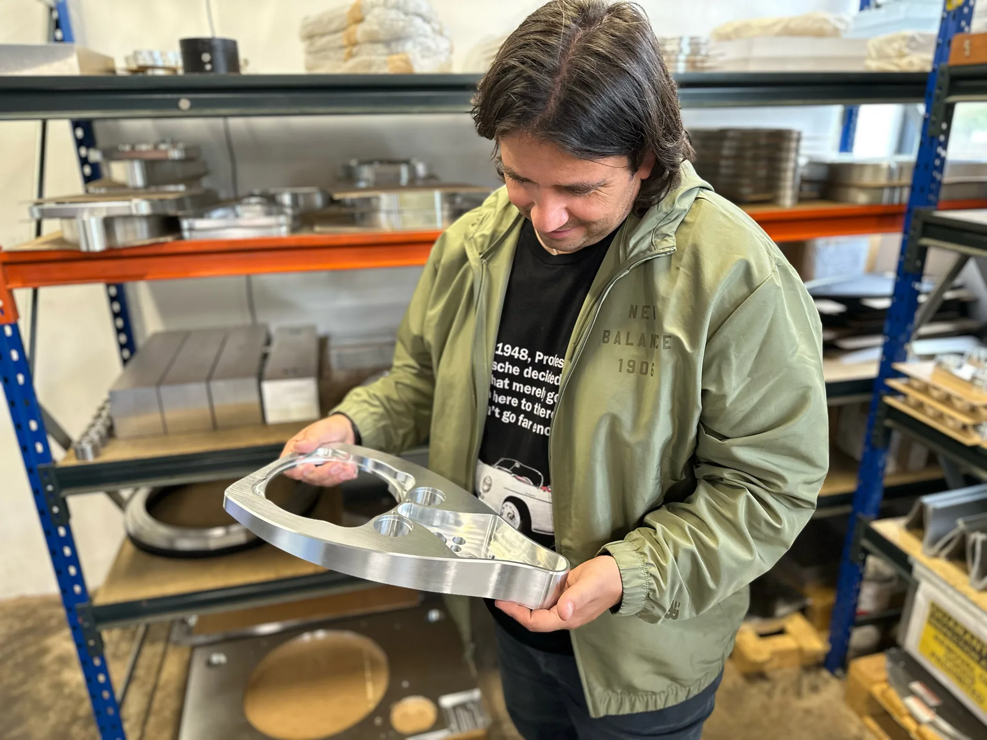 George holding a newly machined aluminium component from the Endeavour 3zero loudspeaker