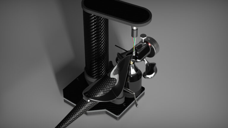 Close-up front-side view of the GRAVITON Ti Tonearm in polished silver titanium, mounted on the STAGE One platform with carbon fibre architecture, precision-machined pivot housing, and signal wiring – British-engineered system for ultra-low-resonance audiophile performance