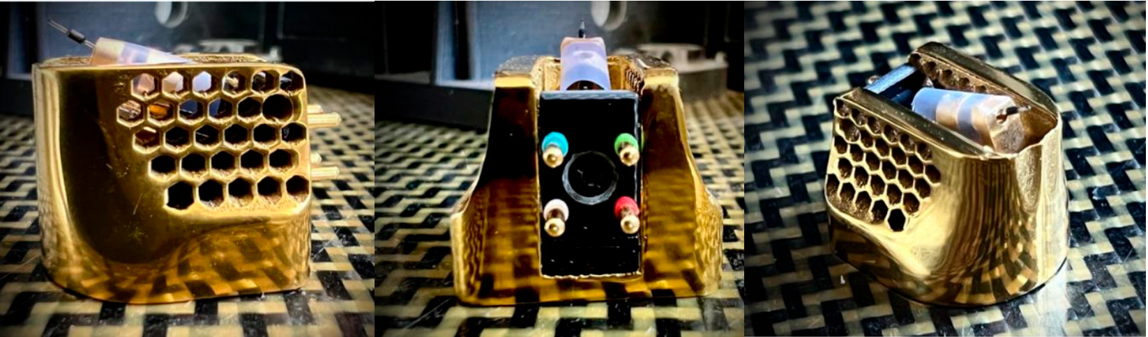 Three-view composite of the TESSELLATE Ti Cartridge. Left: side profile showing the semi-open tessellated titanium structure. Centre: rear view highlighting the U-section geometry. Right: auxiliary view revealing the complex curvature of the headshell.