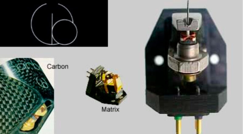 Historic Wilson Benesch poster from the 1990s showing the CARBON and MATRIX cartridges. Features the original open-body carbon fibre shell design and a close-up of the Benz-Micro generator mounted on a Wilson Benesch carbon fibre body.